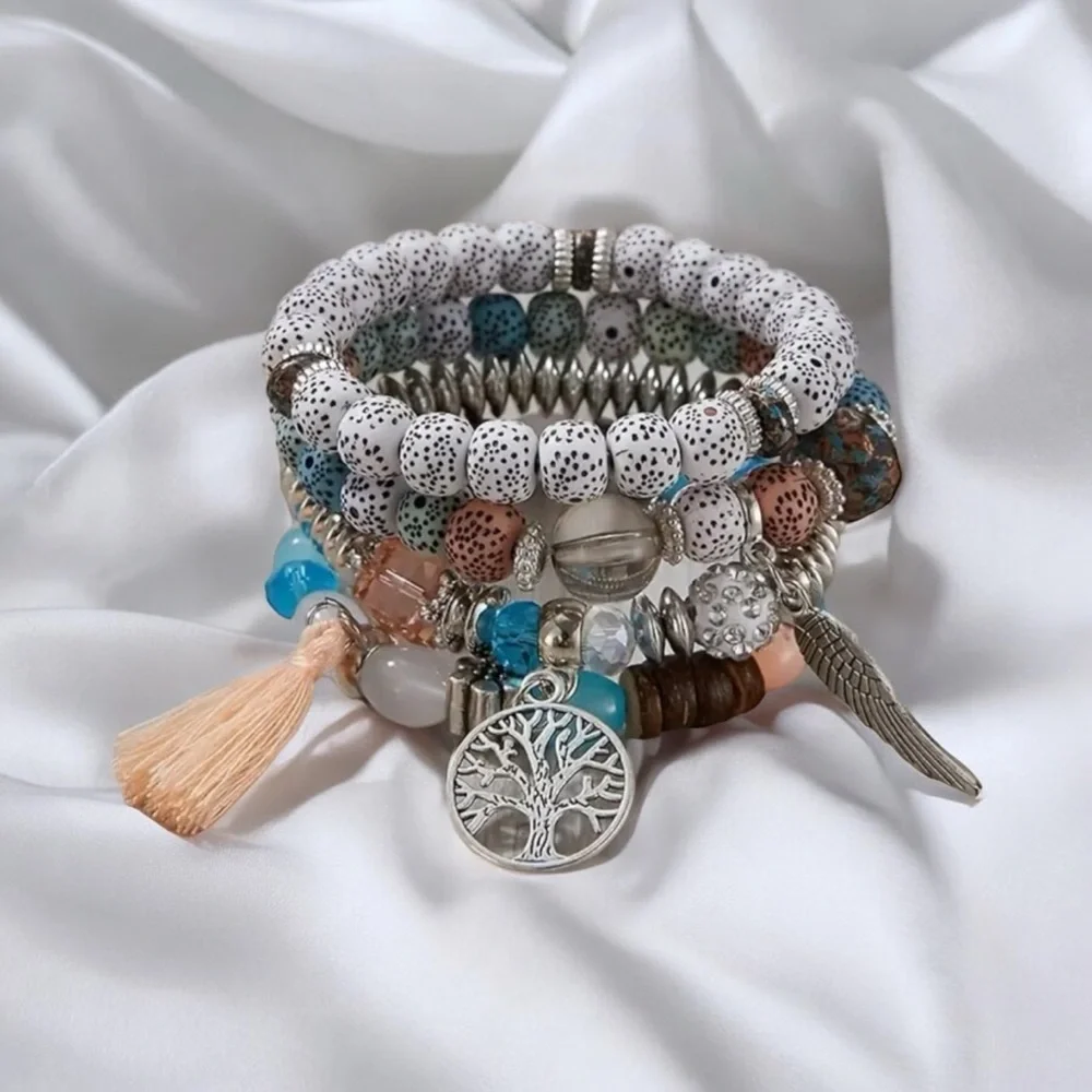 4pcs/set Bohemian Hand String, Tree Of‎ Life Feather Wings Pendant Bracelet